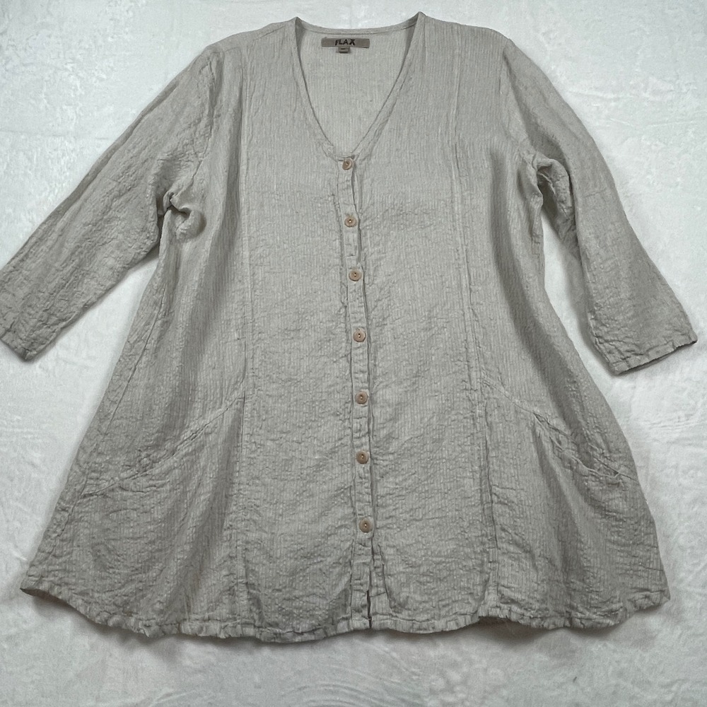 Flax Womens 100% Linen Button Front Tunic Top Beige Oatmeal Lagenlook‎ Pockets M